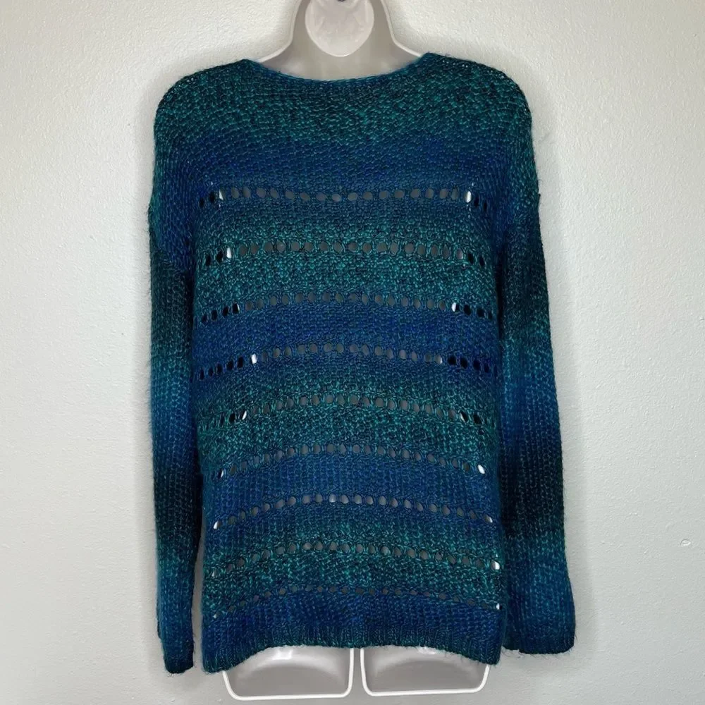 Chicos Open Weave Ombre Stripe Green Blue Scoop Neck Sweater Women Size Medium - Picture 5 of 12